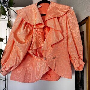 RARE Vintage Ruffled Salmon-Colored Blouse with Pearl and Cubic Zirconia Buttons